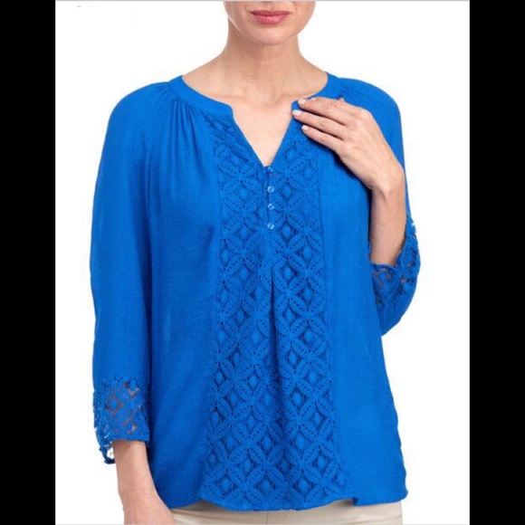 Zac & Rachel Tops - Blue Crochet Panel Slub Woven Top